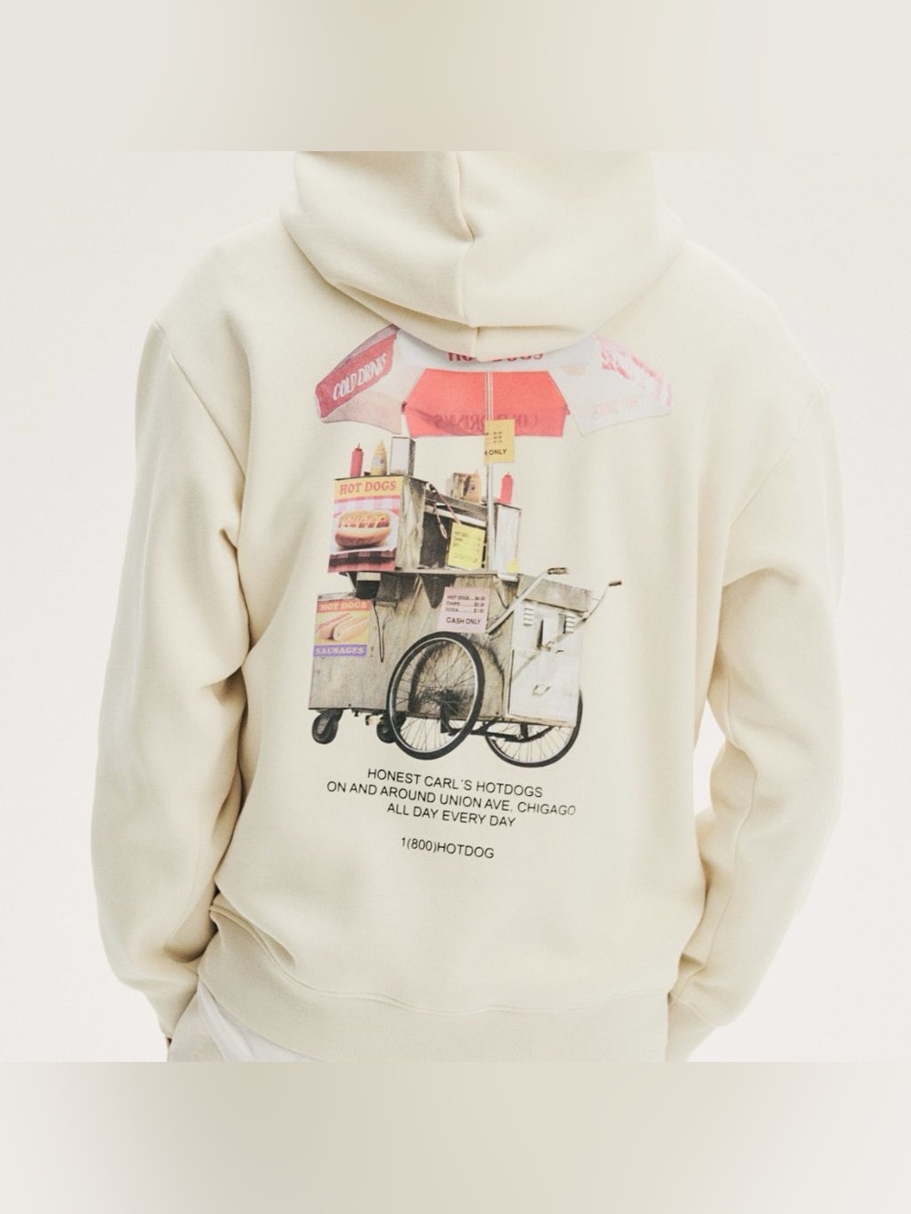 Cream Graphic Hoodie Sweater with Hot Dog Cart Print